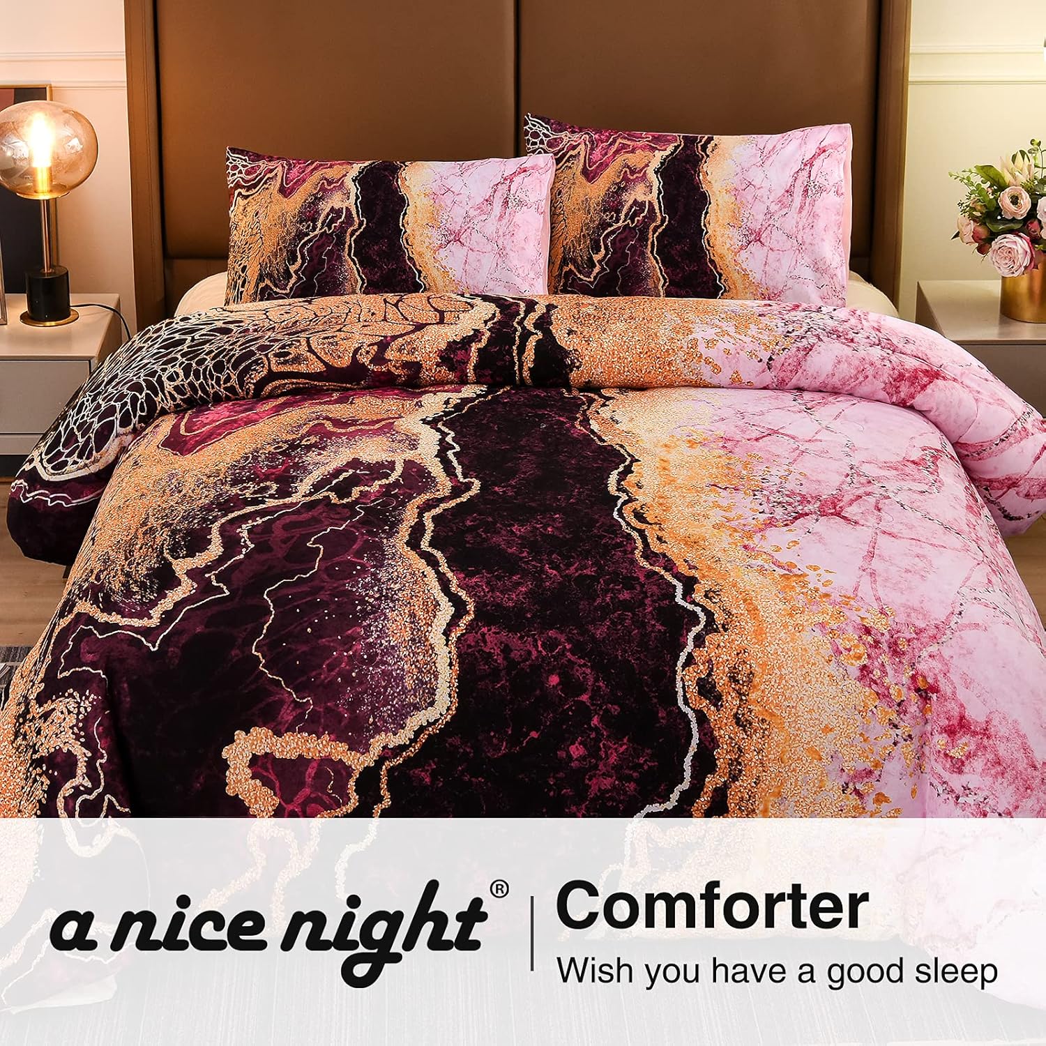 A Nice Night Juego de ropa de cama con estampado de mármol como montaña ardiente, diseño de ilustraciones de acuarela de estilo retro, juego de