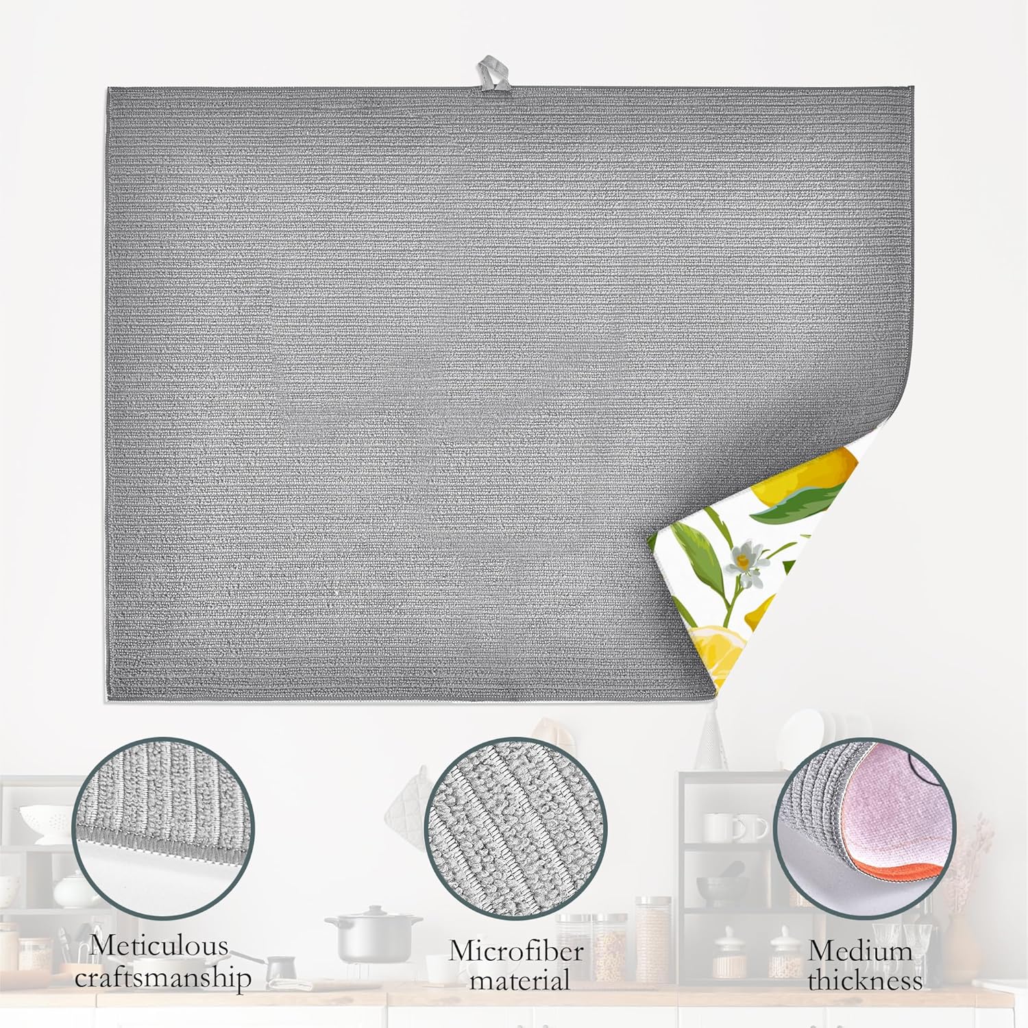 Tapete de secado de platos de frutas de limón, hojas y flores, almohadilla de secado de platos de encimera, tapete de microfibra ultra absorbente