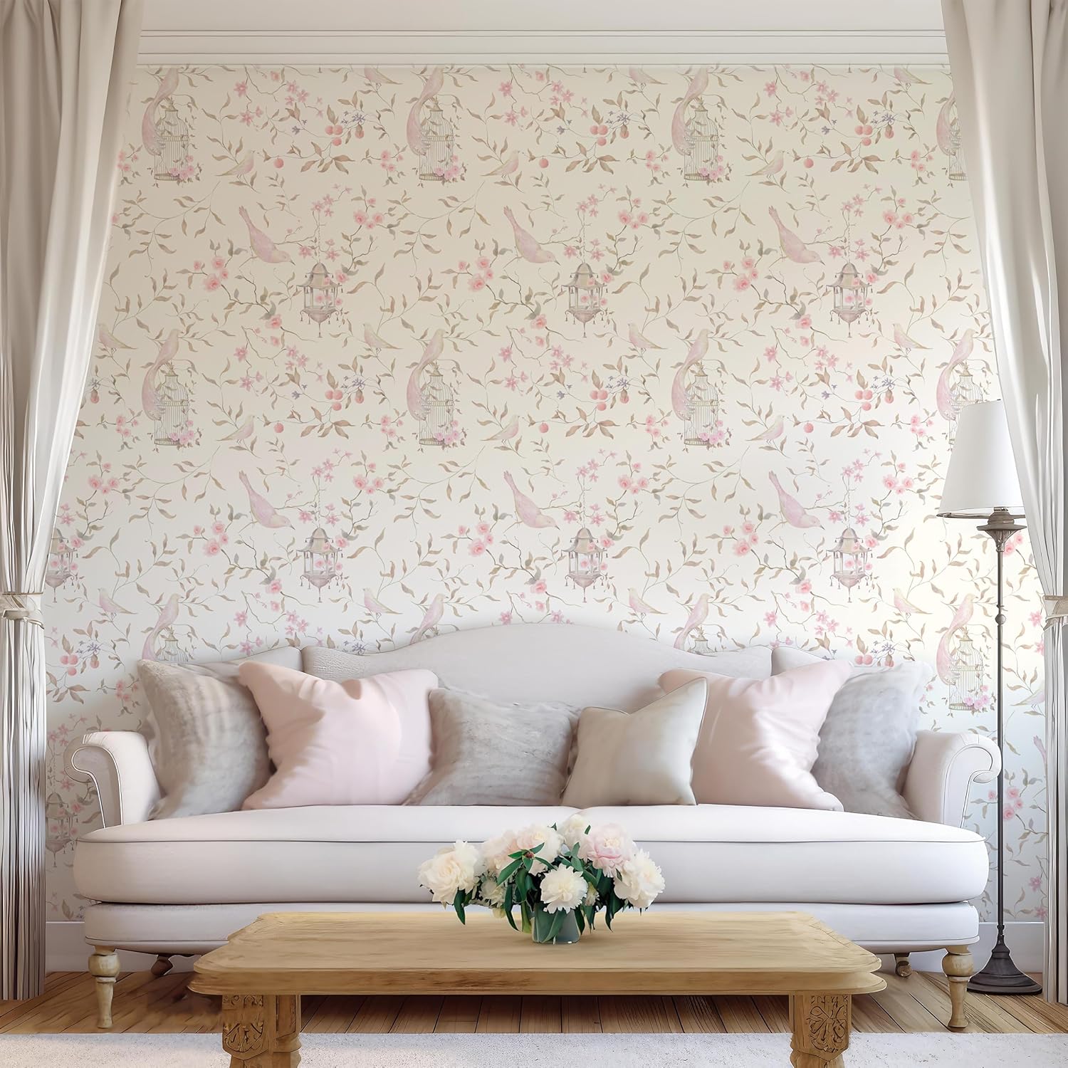 Papel tapiz chinoiserie con pájaro rosa y flores, papel tapiz francés para dormitorio, papel tapiz apto para inquilinos, despegar y pegar extraíble