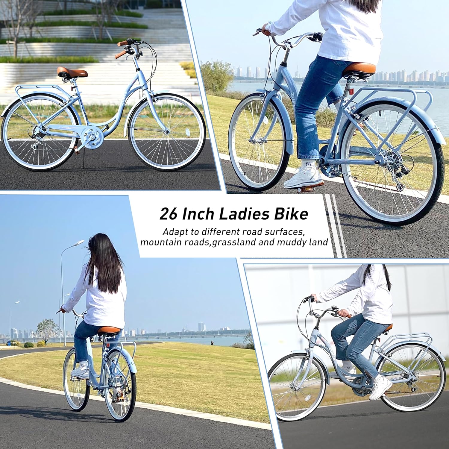 Bicicleta de playa de 26 pulgadas para mujer, bicicleta de viaje de 7 velocidades con asiento ajustable y frenos en V duales
