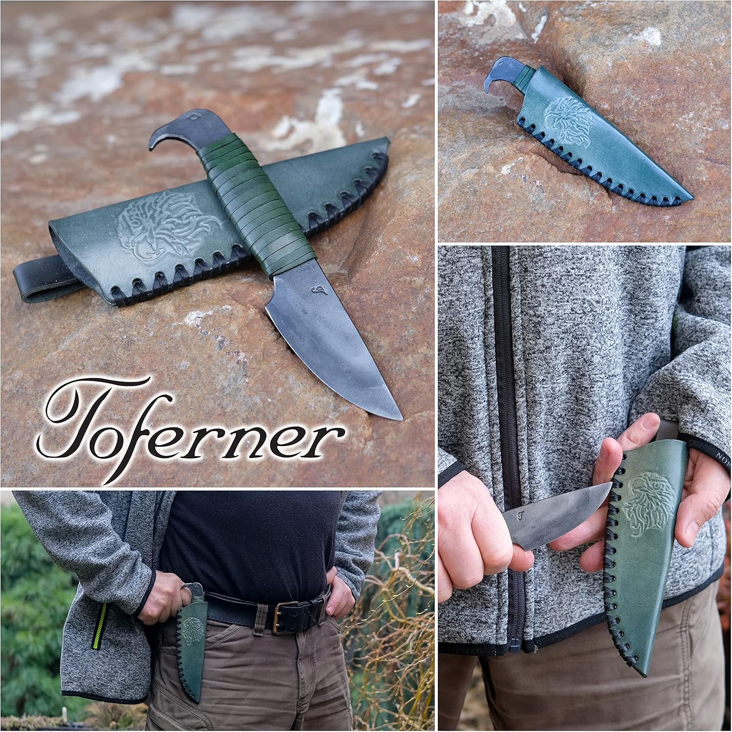 Toferner Cuchillo – Bird Head 2 – Cuchillo forjado a mano – Deportes – Estuche de cuero genuino hecho a mano- Hoja endurecida – Colección de arte –