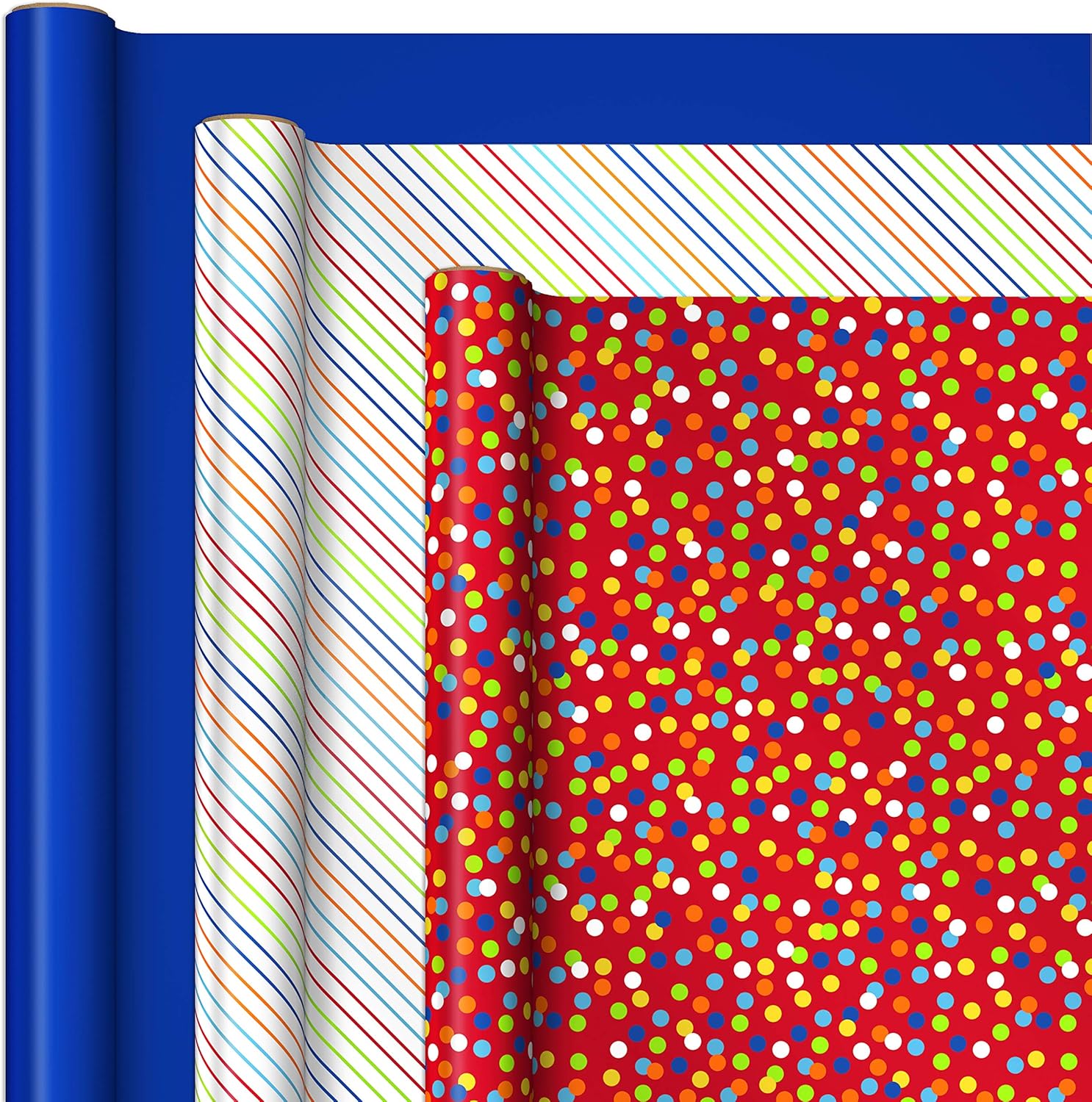 Hallmark Papel de regalo de cumpleaños con plantillas para lazos hechos a mano en el reverso (paquete de 3 75 pies cuadrados ttl) azul real, rayas