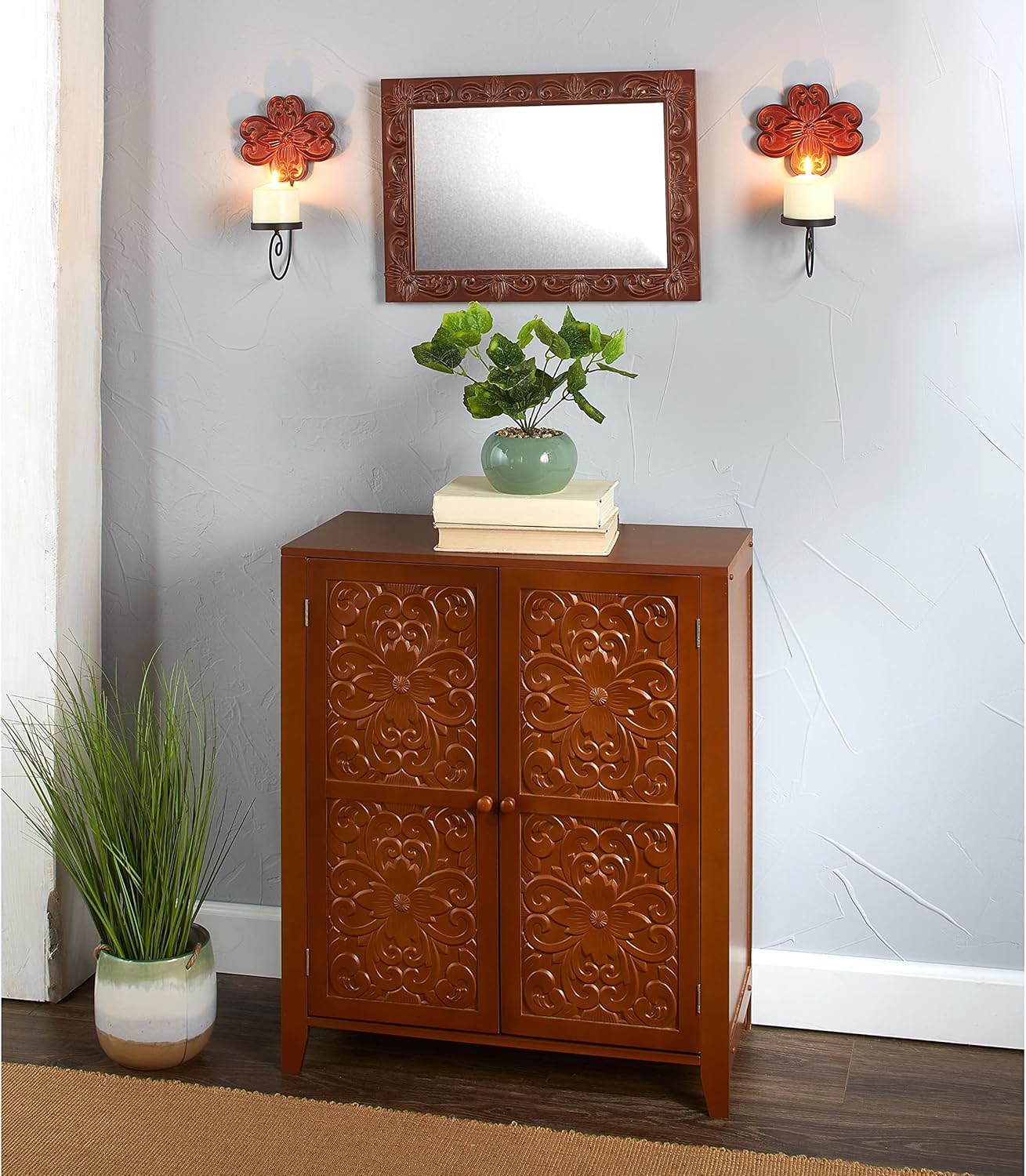 The Lakeside Collection Gabinete de almacenamiento tallado – Muebles de entrada estilo vintage deco – nogal