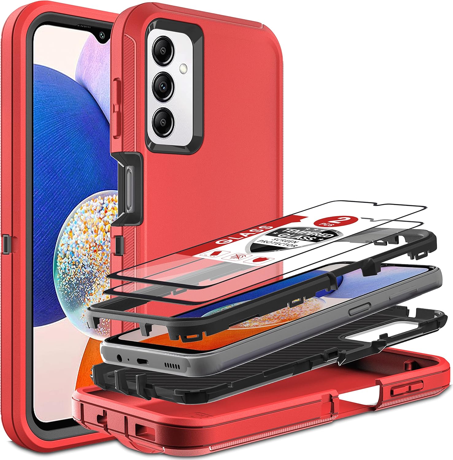 Funda para Samsung Galaxy A14 5G, 3 en 1, protección resistente a prueba de golpes con 2 protectores de pantalla de vidrio templado, (rojonegro)