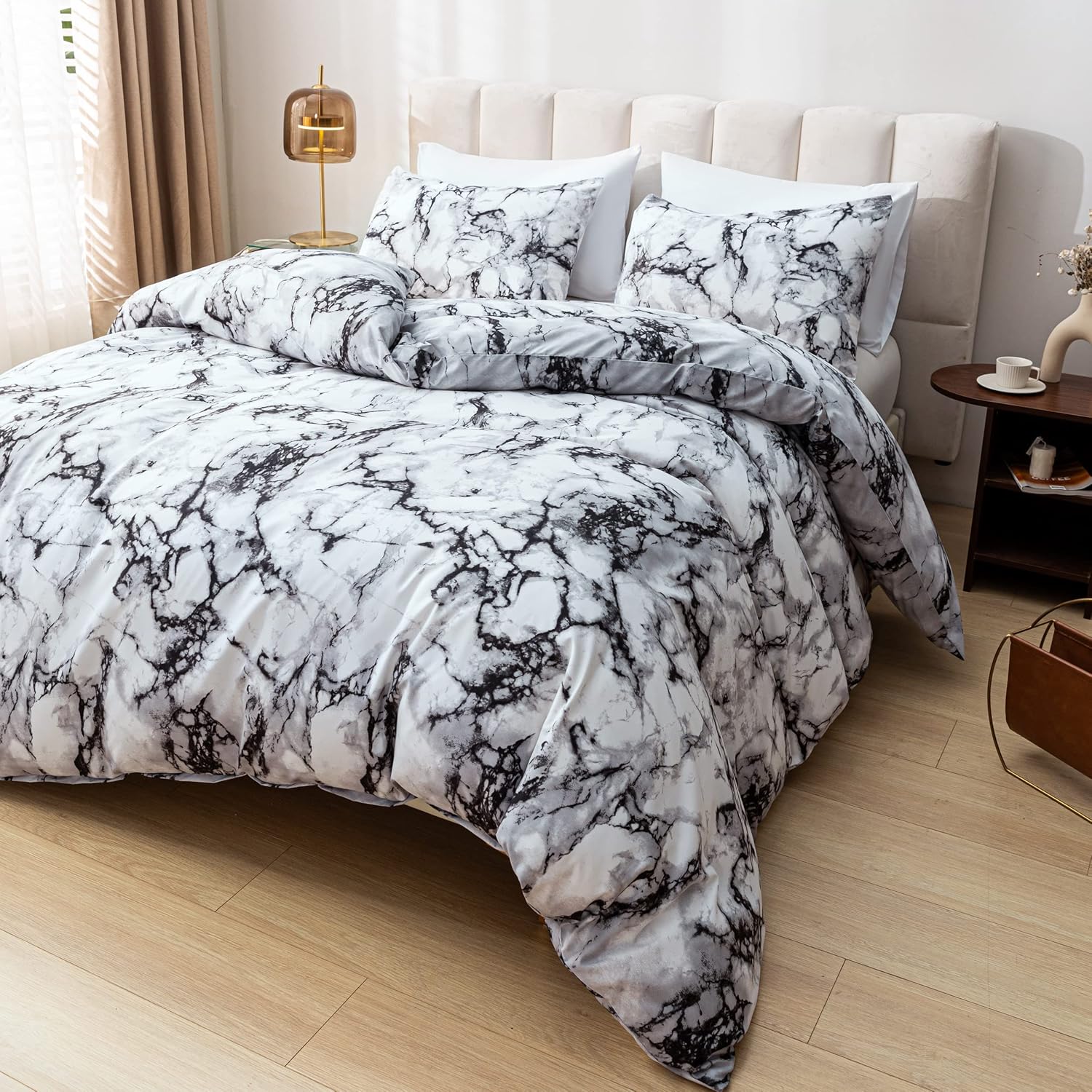 Smoofy Queen Marble White Comforter Set, White Marble Pattern Printed Soft Fabric with Brushed Microfiber Full Bed Sheets Fill Bedding Sets(1