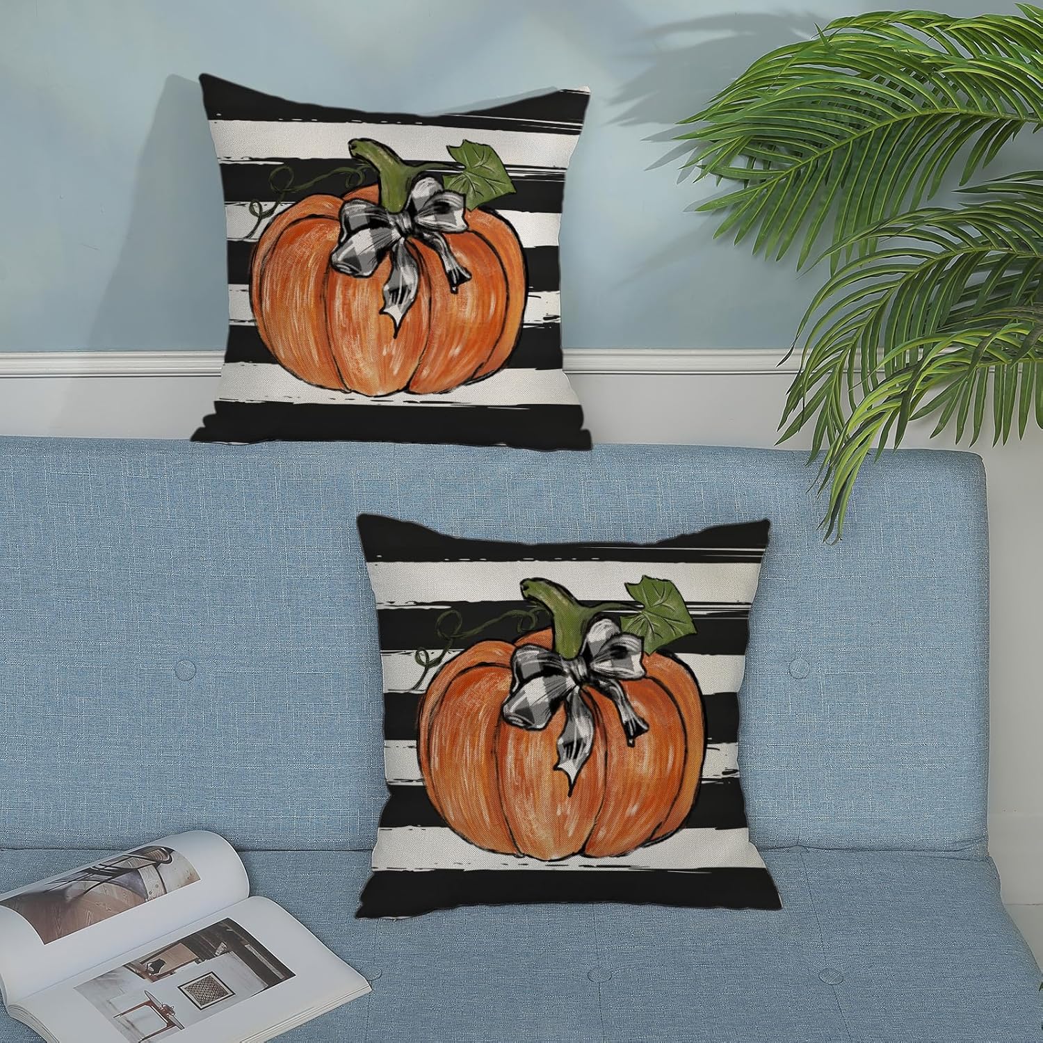 Juego de 2 fundas de almohada de otoño de 16 x 16 pulgadas, diseño de rayas de acuarela negra, decoración de calabaza, para sofá, cosecha de otoño,