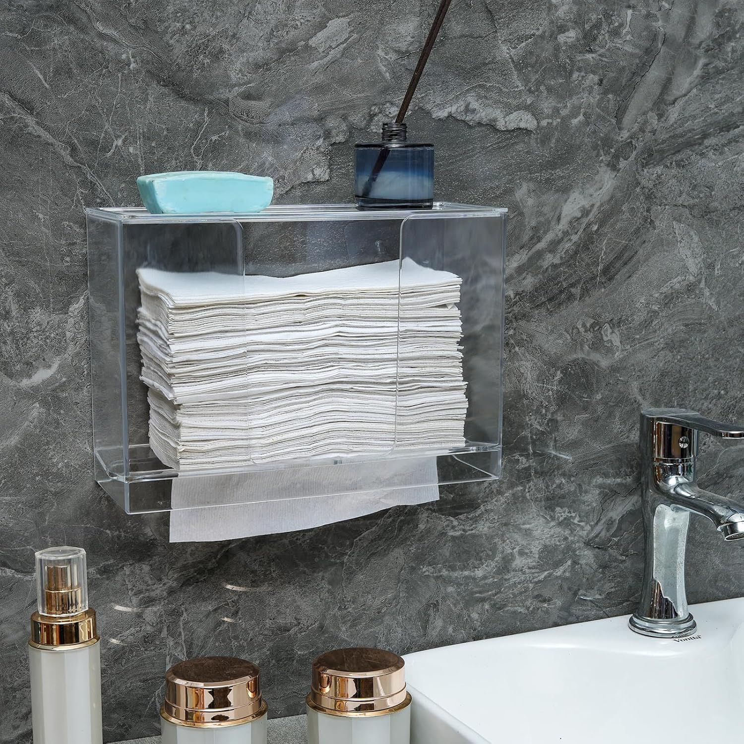 Dispensador de toallas de papel de montaje en pared con tapa, soporte de toalla de papel multipliegue transparente para encimera para cocina, baño,