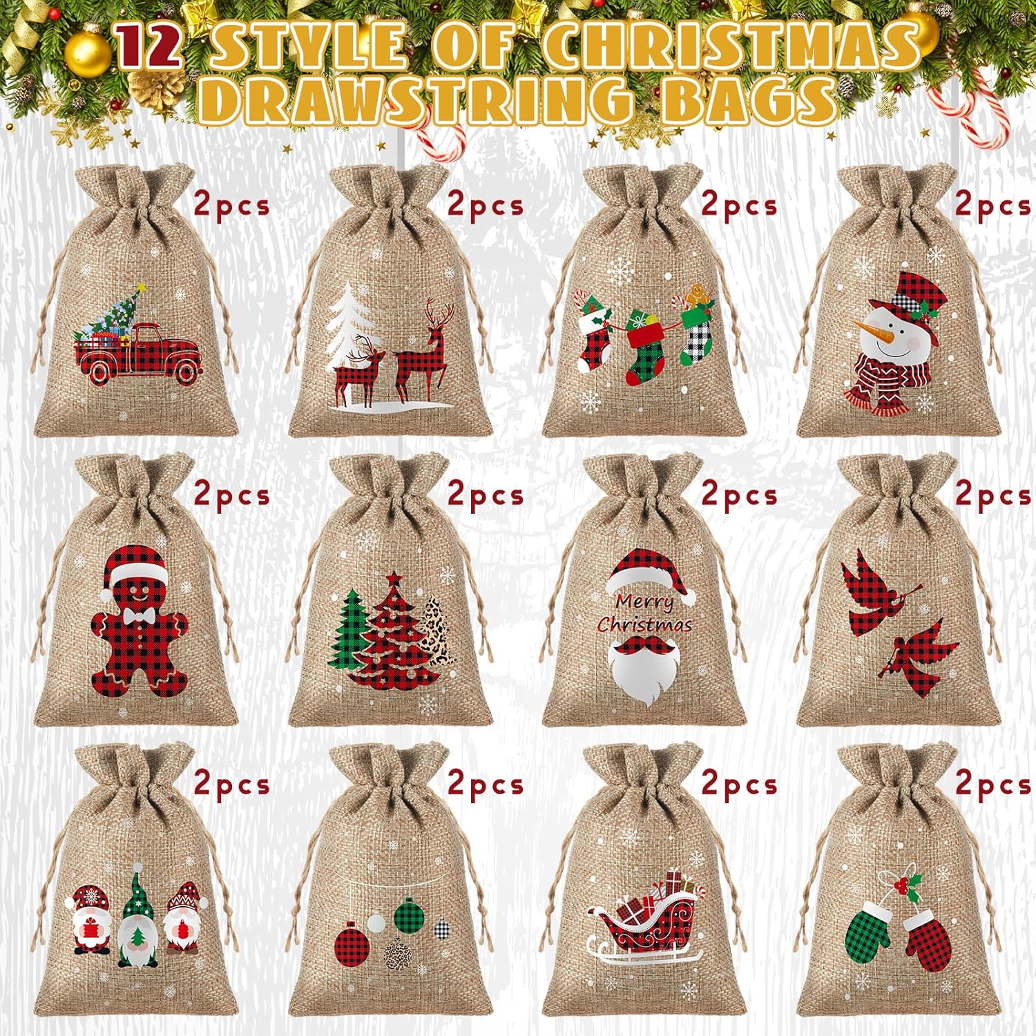 24 bolsas de regalo de Navidad con cordón, bolsa de arpillera de Navidad, bolsa de Navidad de algodón lavable para envoltura de dulces, recuerdos de