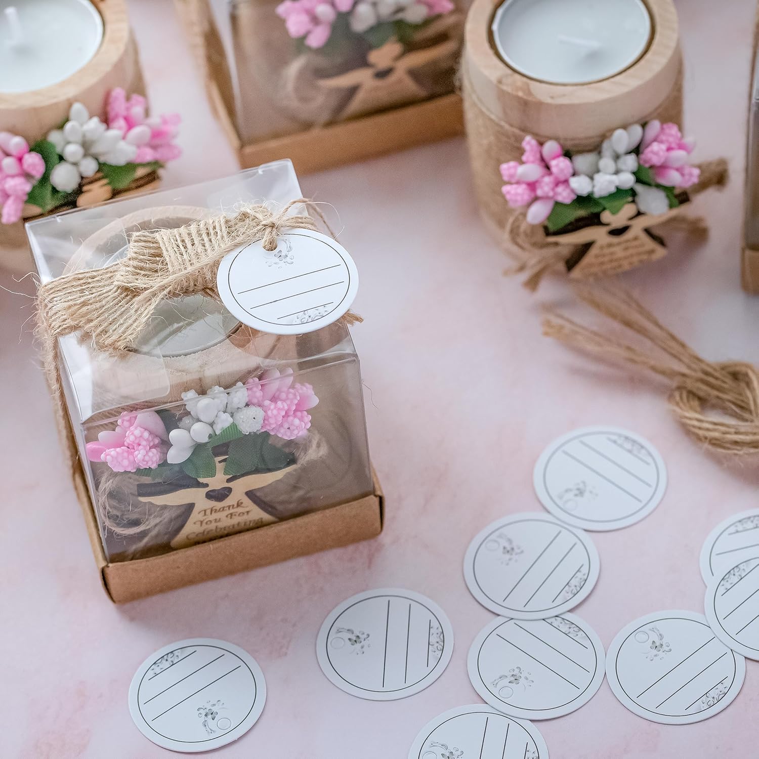 Ju’s Favors Pack of 10 Wood Tealight Candle Holder,Baptism Gifts for Girl, Communion Favors for Guests, First Communion Gift, (Light-pink angel)