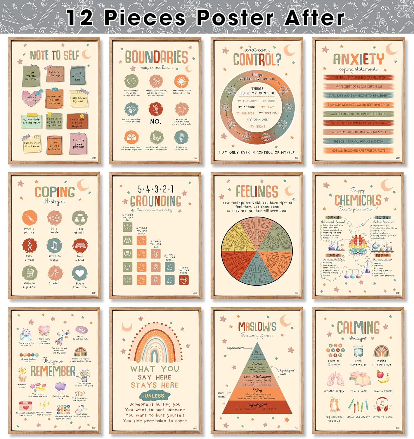 24 pósteres coloridos de salud mental, 12 piezas de terapia de ansiedad, póster motivacional para la oficina, suministros de consejero escolar para