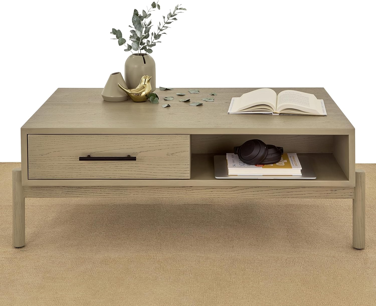 Bme Lyra – Mesa auxiliar rectangular de madera maciza para sala de estar, mesa central moderna de mediados de siglo con almacenamiento, fácil