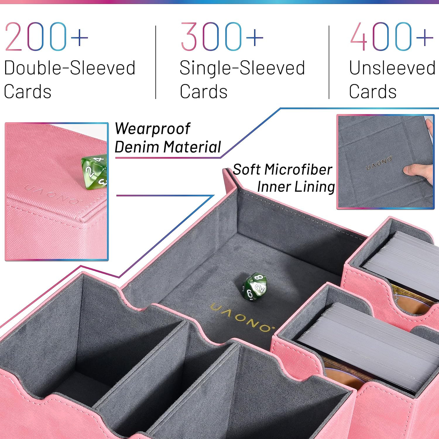 UAONO MTG – Caja de cartas con bandeja rodante de dados, caja de doble cubierta TCG con 3 bandejas para más de 200 tarjetas de doble funda, caja de