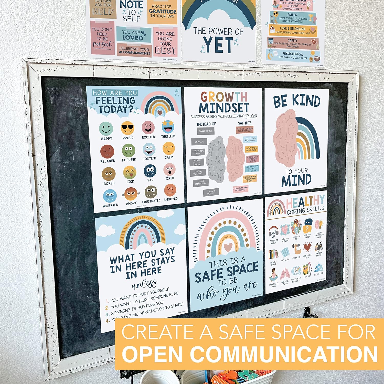 9 pósteres bohemios de salud mental arcoíris para aula primaria, 6 carteles de diversidad para decoración de aula para profesores, rincón tranquilo,