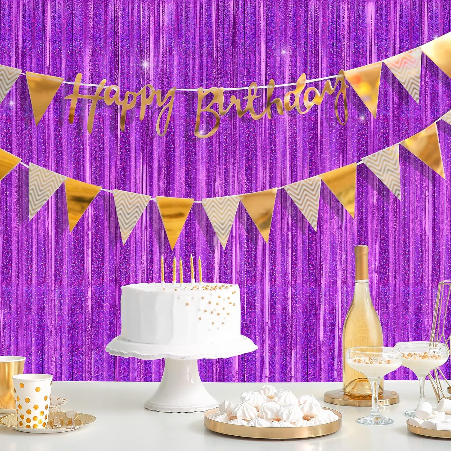Cortinas de flecos de papel de oropel metálico morado, paquete de 3 cortinas grandes de 3.3 x 8.2 pies para decoración de fiestas, puertas, paredes,