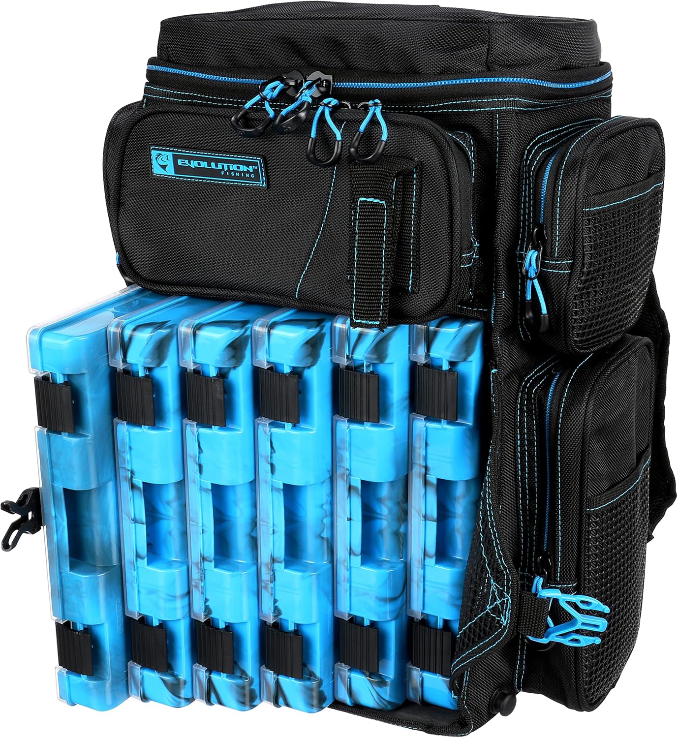 Evolution Fishing Drift Series – Mochila para aparejos – Azul, tamaño 3600, mochila para exteriores con 6 bandejas de aparejos de pesca, mosca de