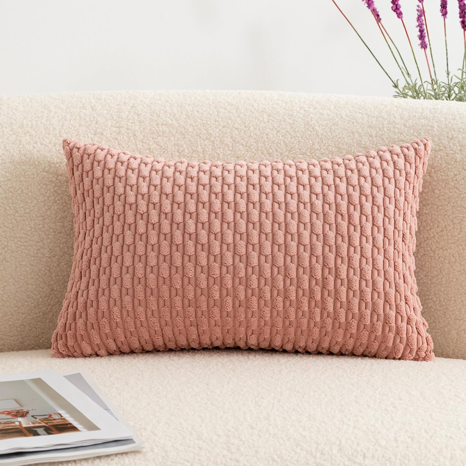 UGASA – Funda de almohada decorativa de pana suave de 12 x 20 pulgadas, estilo bohemio, a rayas, rectangular, decoración moderna del hogar para