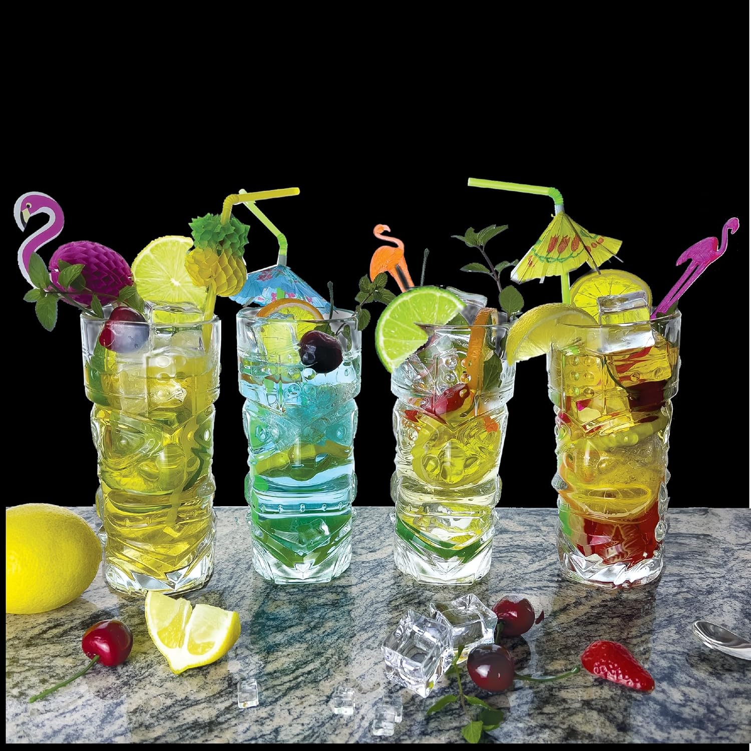 Lily’s Home Juego de 4 vasos Tiki  Ideal para cócteles exóticos, Highball  Juego único de vasos Tiki Bar y Bar de cocina, juego de vasos de vidrio y