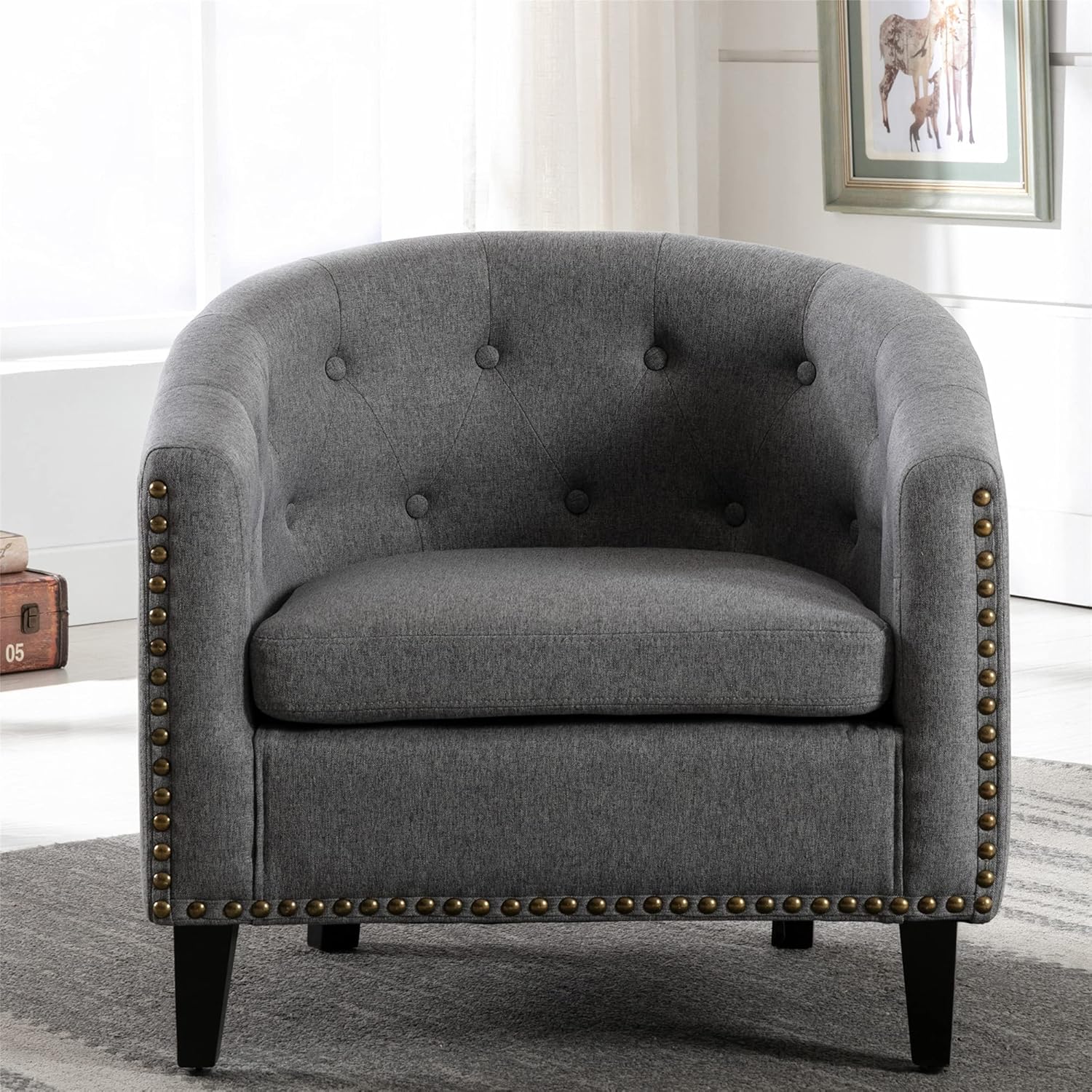 Sillón moderno para sala de estar, sillas de barril, silla de barril de tela de lino con decoración de remaches, sillas de barril decorativas para