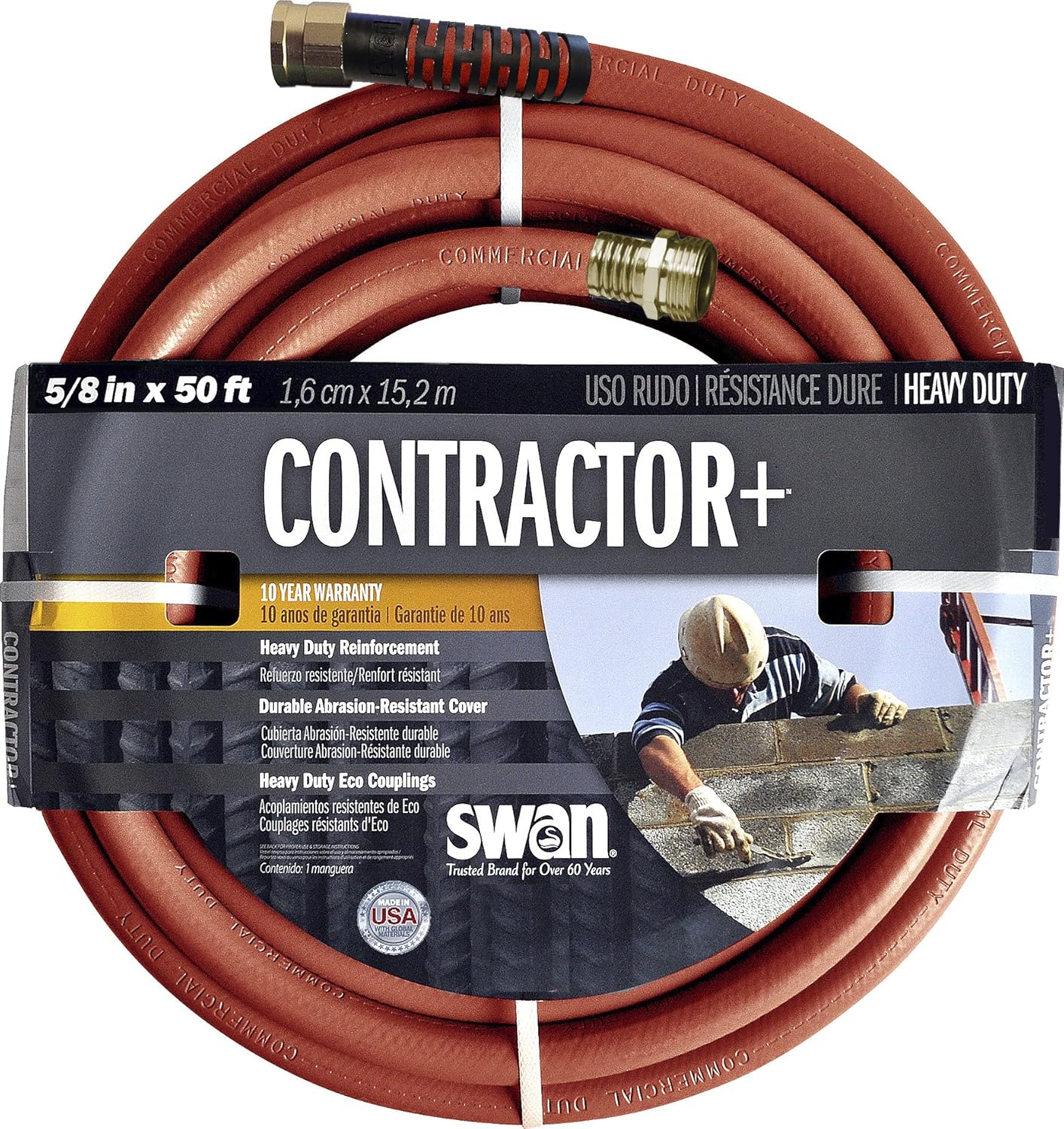 Swan Products SNCG58050 CONTRACTOR+ Manguera de agua de arcilla para servicio comercial con acoplamientos a prueba de aplastamiento 50 pies x 58