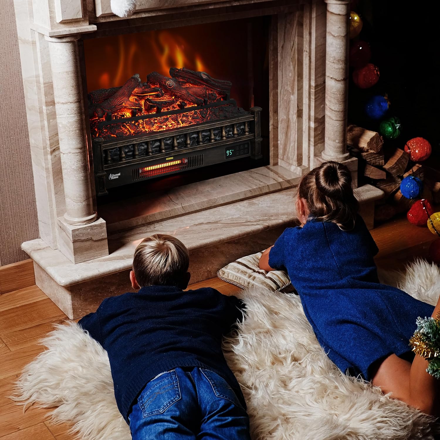 TURBRO Eternal Flame – Calentador eléctrico de cuarzo infrarrojo WiFi de 26 pulgadas con sonido crujiente, troncos de madera de limón realistas,