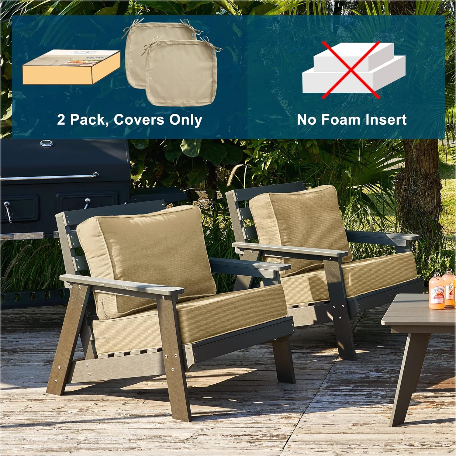 ARTPLAN Juego de fundas de cojín para silla de patio (solo funda sin relleno), juego de fundas de cojín para patio al aire libre con lazo, color