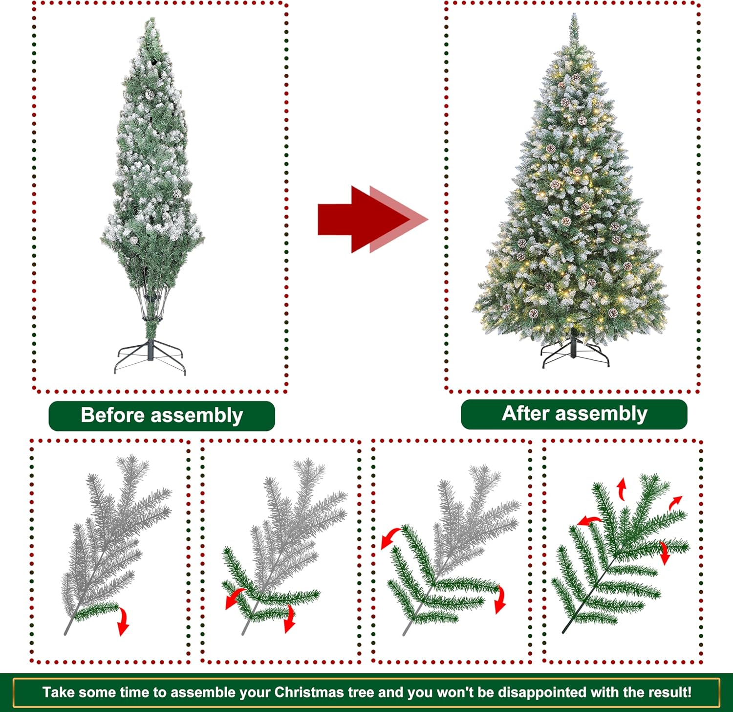 Prelit Árbol de Navidad artificial de 6 pies con luces, conos de pino, árbol de Navidad flocado con 270 luces LED blancas cálidas, 810 puntas de