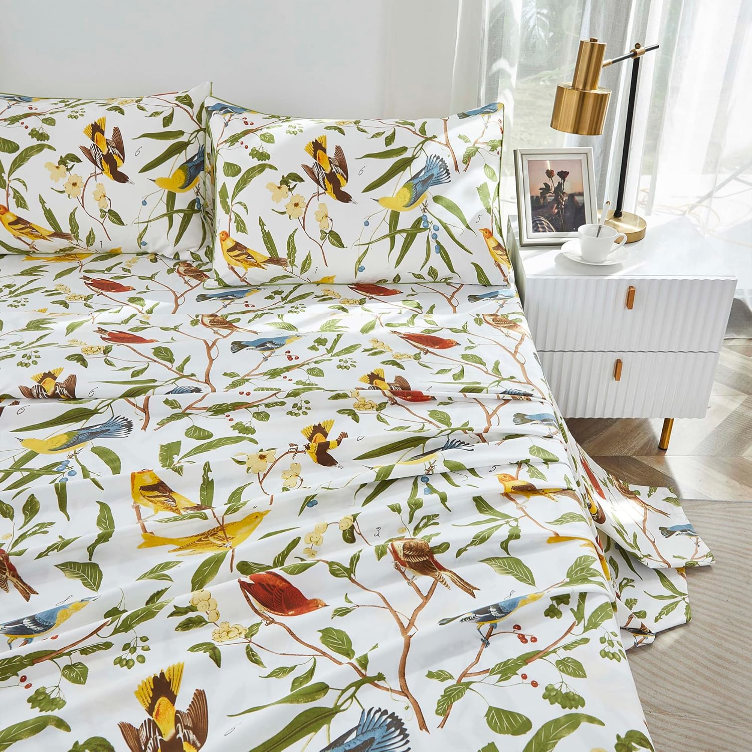 Brandream Juego de sábanas de lujo con diseño de pájaros florales orientales, 800 hilos, 100% algodón egipcio, bolsillo profundo, color blanco,