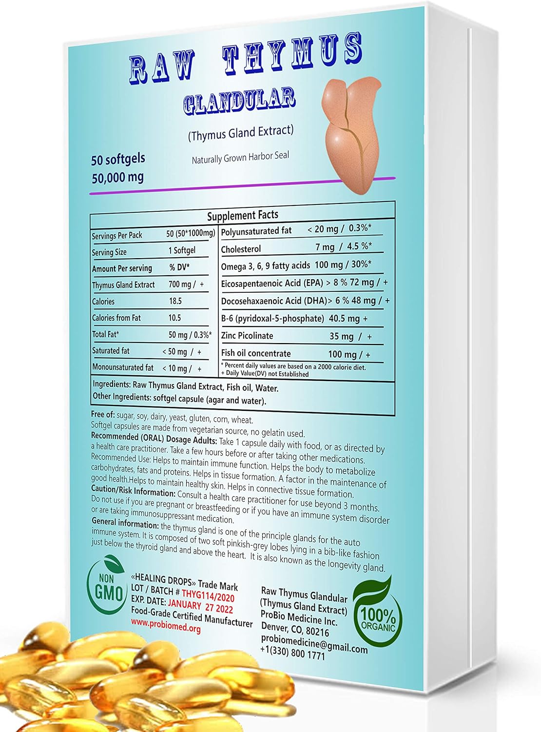 HEALING DROPS Suplemento glandular Thymus Extracto de tejido crudo – Apoya la alergia inmunológica Histamina Health Geles suaves con Harbor Seal