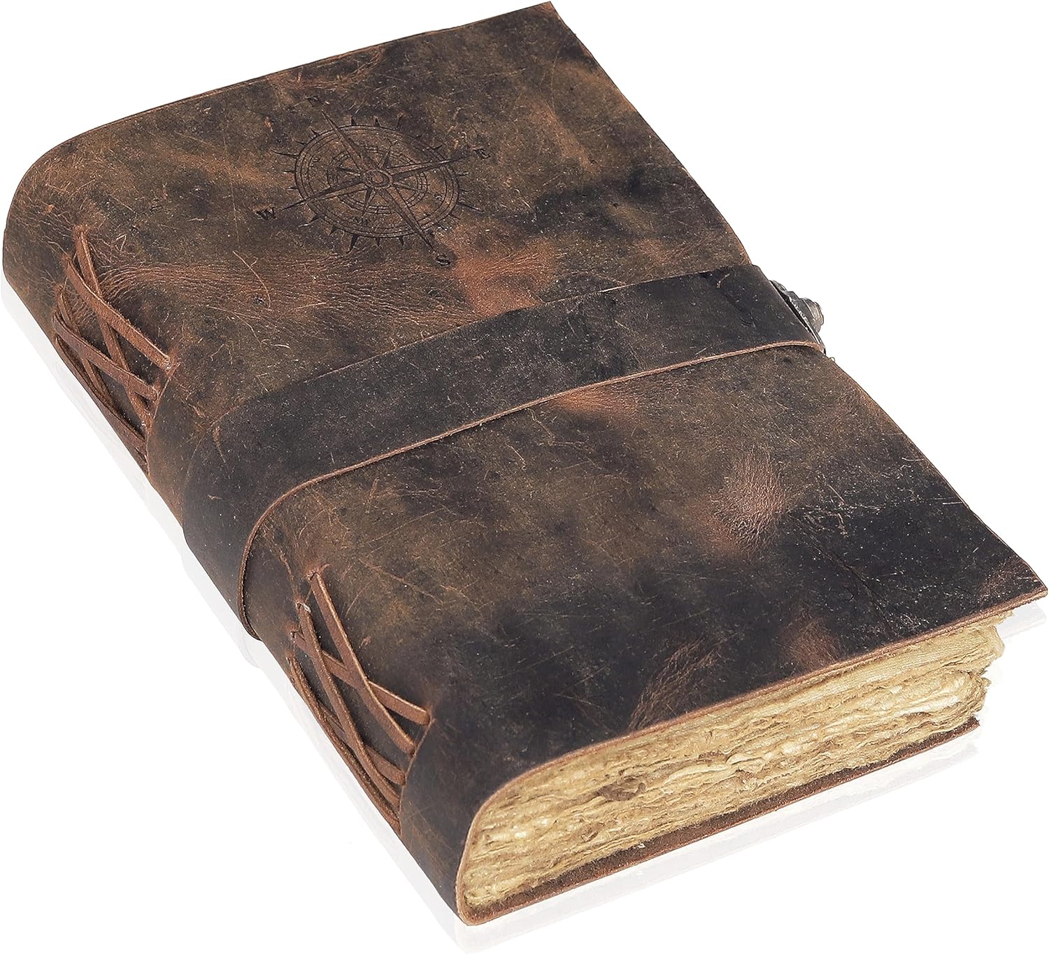 Diario de cuero vintage con brújula – Antiguo hecho a mano con candado Diario encuadernado en cuero con papel de borde de cubierta para diario de