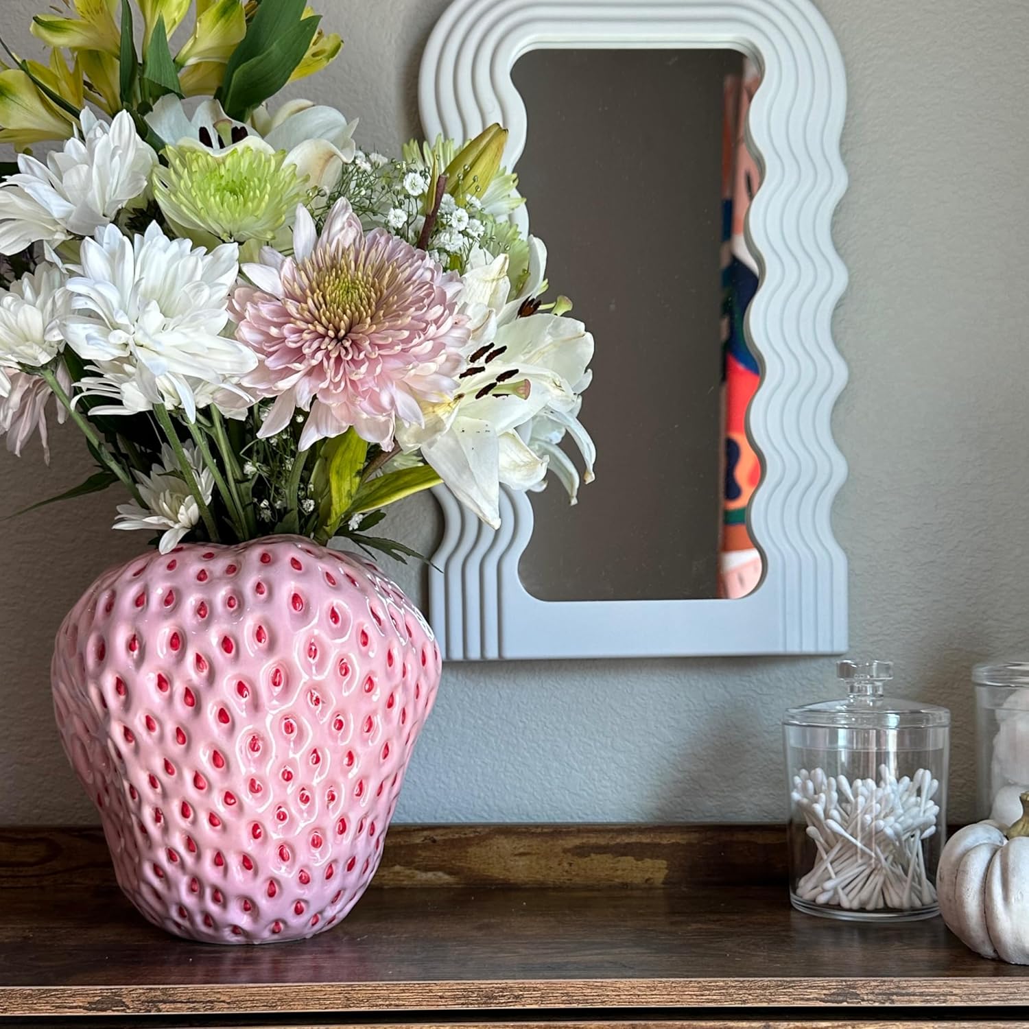 Jarrón de fresa rosa, jarrón único para decoración estética, decoraciones de fresa para cocina, estantería y centro de mesa auxiliar