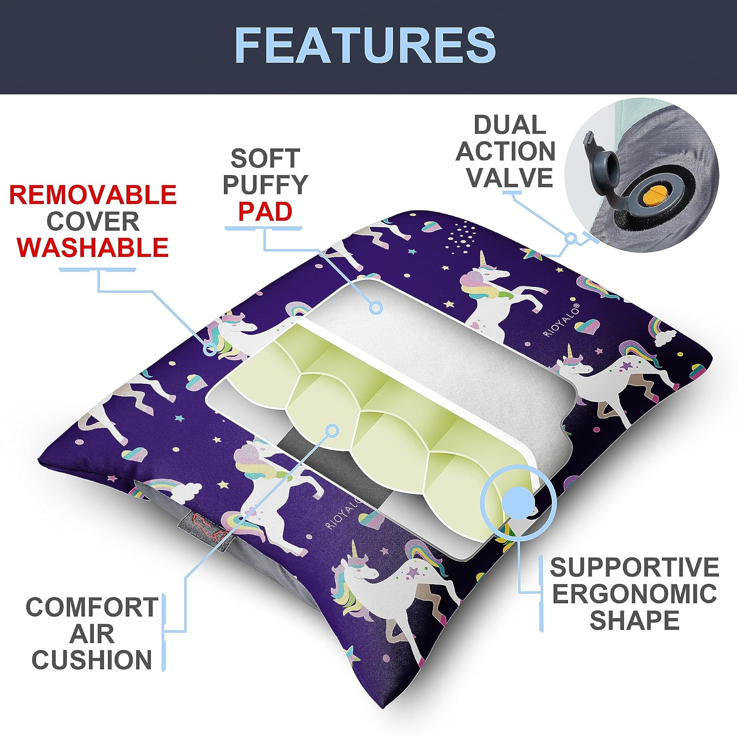 X-Foam Kids – Almohada inflable para acampar con funda de espuma extraíble para niñas  Unicornio  Cómodo, lavable, ultraligero y portátil