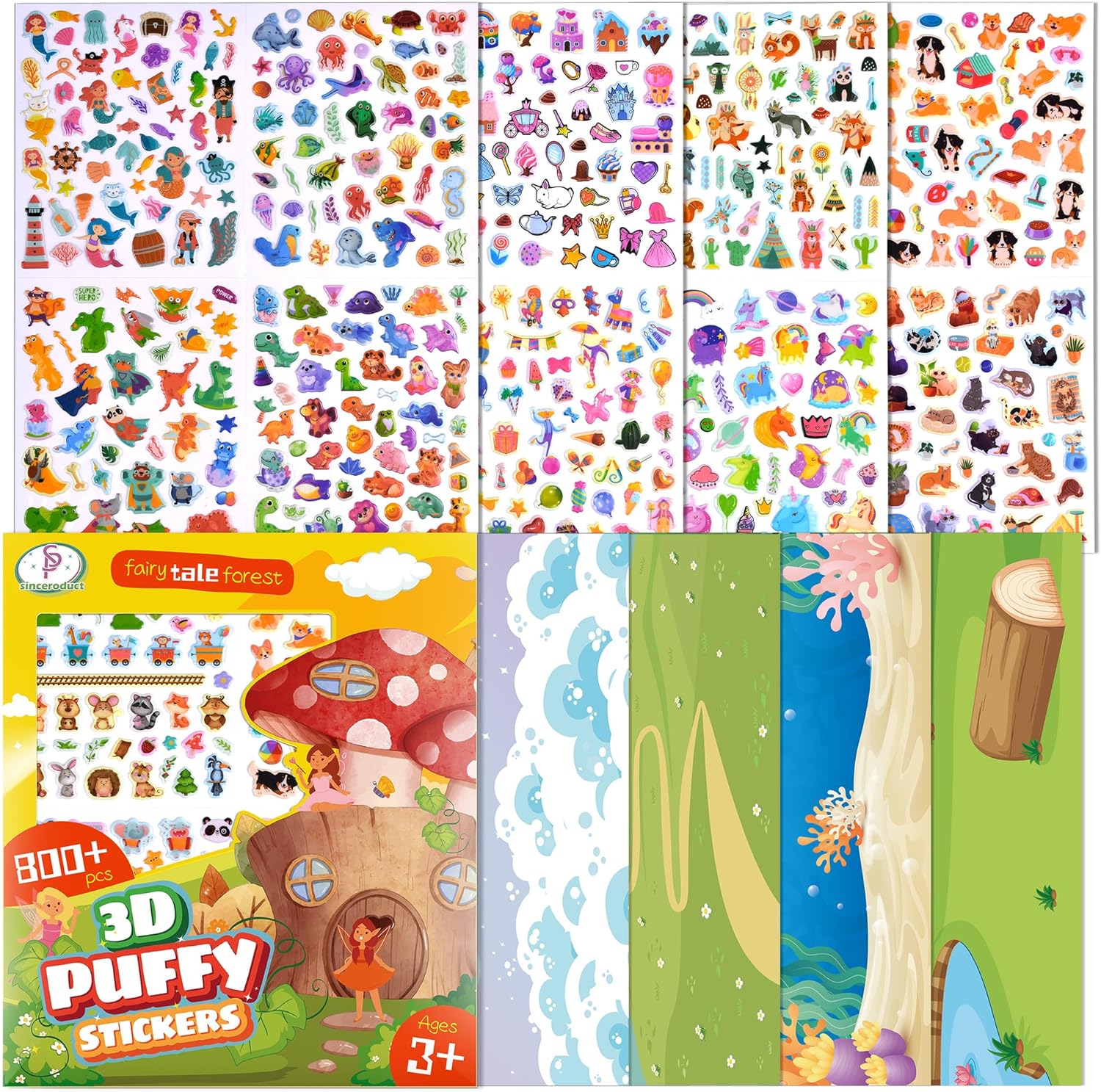 Calcomanías 3D hinchadas para niños, más de 800 calcomanías para niños pequeños, incluyendo 4 tarjetas de escena de fantasía de hada, princesa,