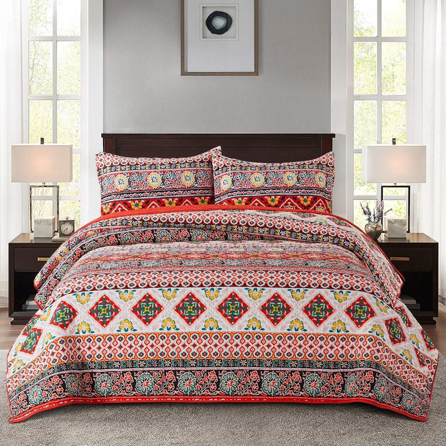 NEWLAKE – Juego de edredón de algodón, juego de cubrecama reversible con diseño de mosaico, patrón bohemio europeo a rayas, tamaño queen