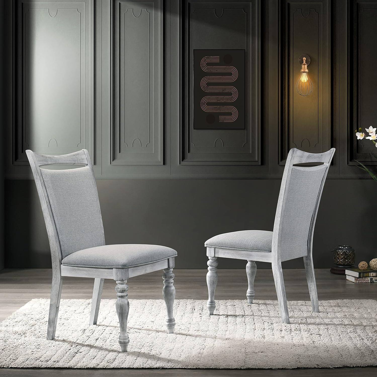 Roundhill Furniture Salines – Sillas de comedor tapizadas con patas torneadas, juego de dos, color blanco