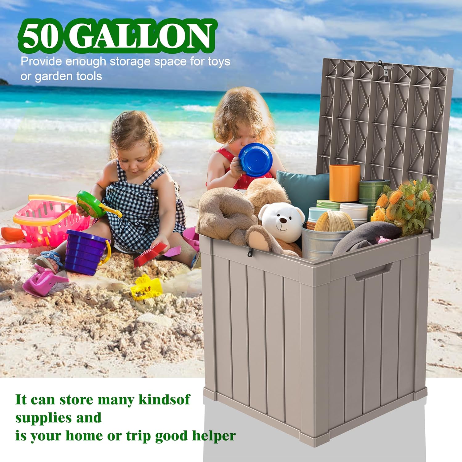 KFY Caja de cubierta de 50 galones, material de resina para todo tipo de clima, caja de almacenamiento al aire libre, fácil de instalar y portátil,