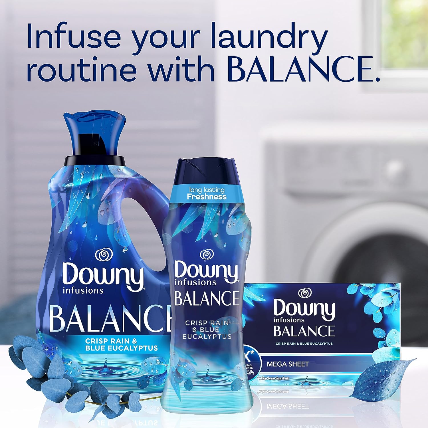 Downy Infusiones – Cuentas potenciadoras de aroma para lavar, equilibrar, lluvia crujiente y eucalipto azul, 13.4 onzas