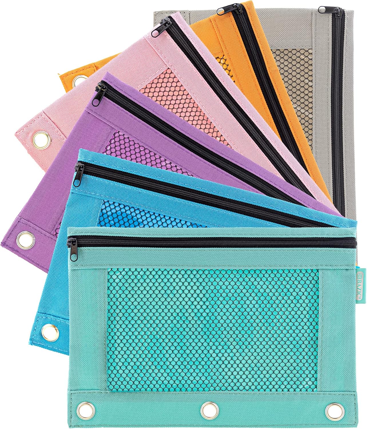 BAZIC – Estuche para lápices de 3 anillos con agujeros de anillos reforzados con remaches, bolsas de malla de color pastel con cremallera para