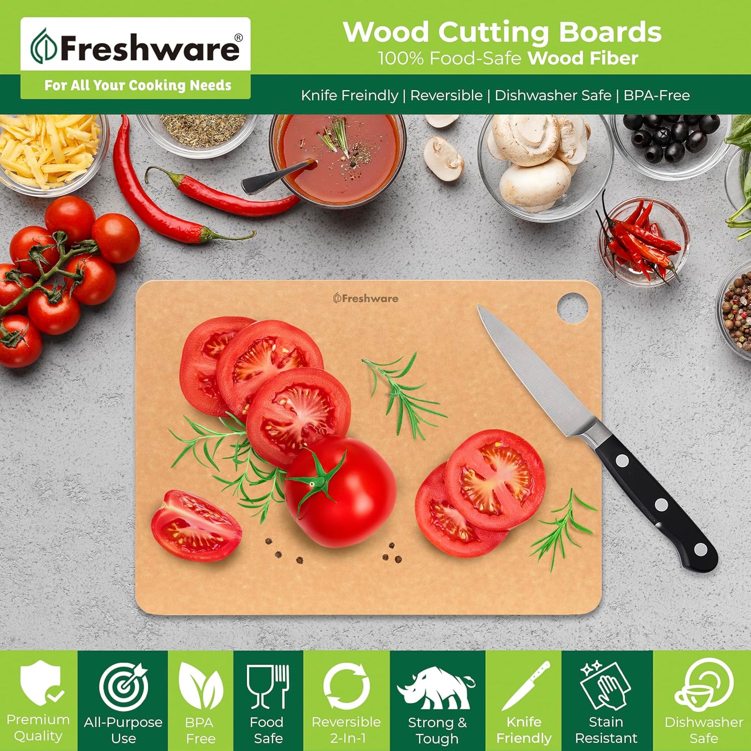 Tablas de cortar de madera para cocina, aptas para lavavajillas, tabla de cortar de madera, fibra de madera de primera calidad, no porosa,