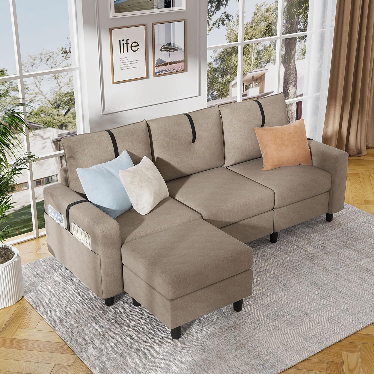 Sofás seccionales en forma de L de 80 pulgadas, sofá de 3 plazas con otomana reversible y bolsillo de almacenamiento lateral, sofá modular pequeño