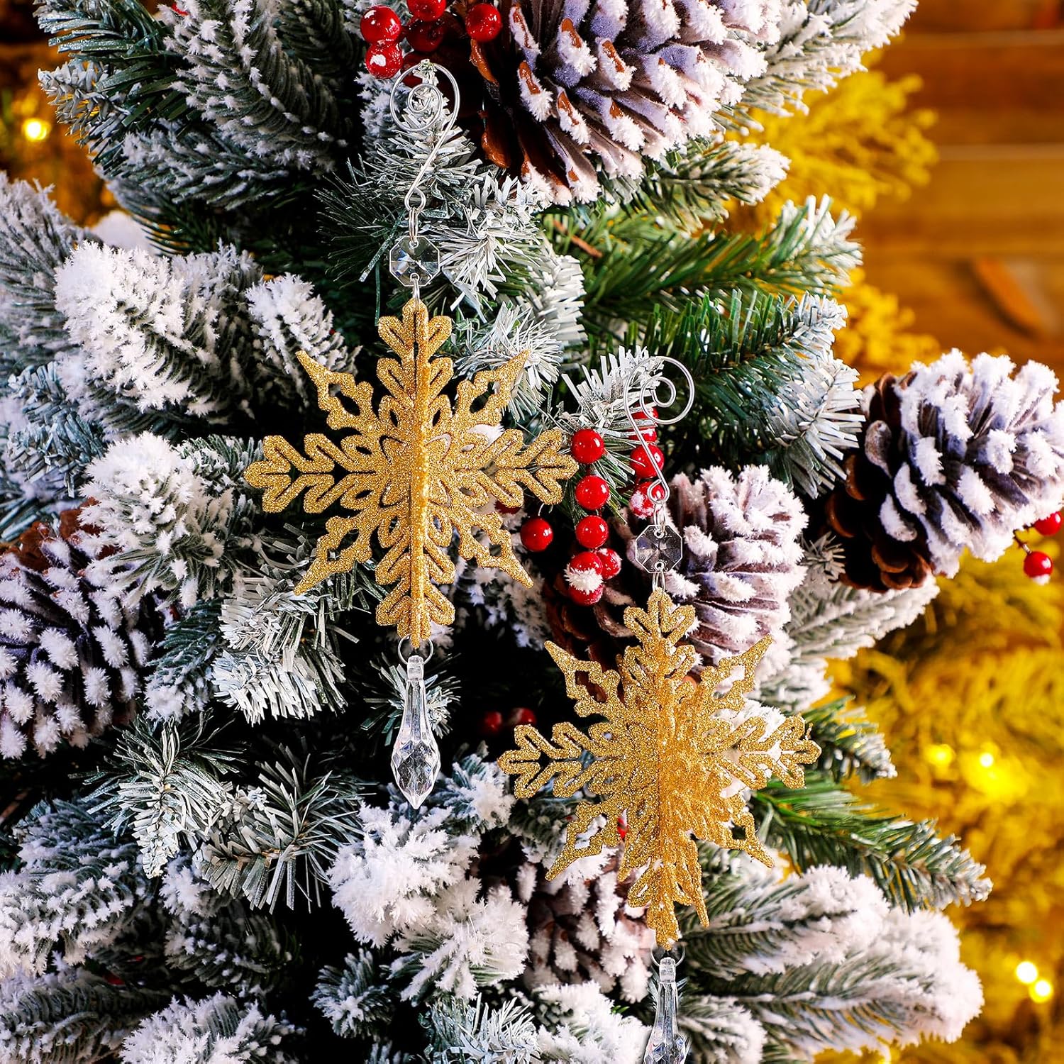 Soaoo 36 adornos de copo de nieve 3D con purpurina 3D, decoraciones para árbol de Navidad, decoraciones colgantes de copo de nieve, adornos de