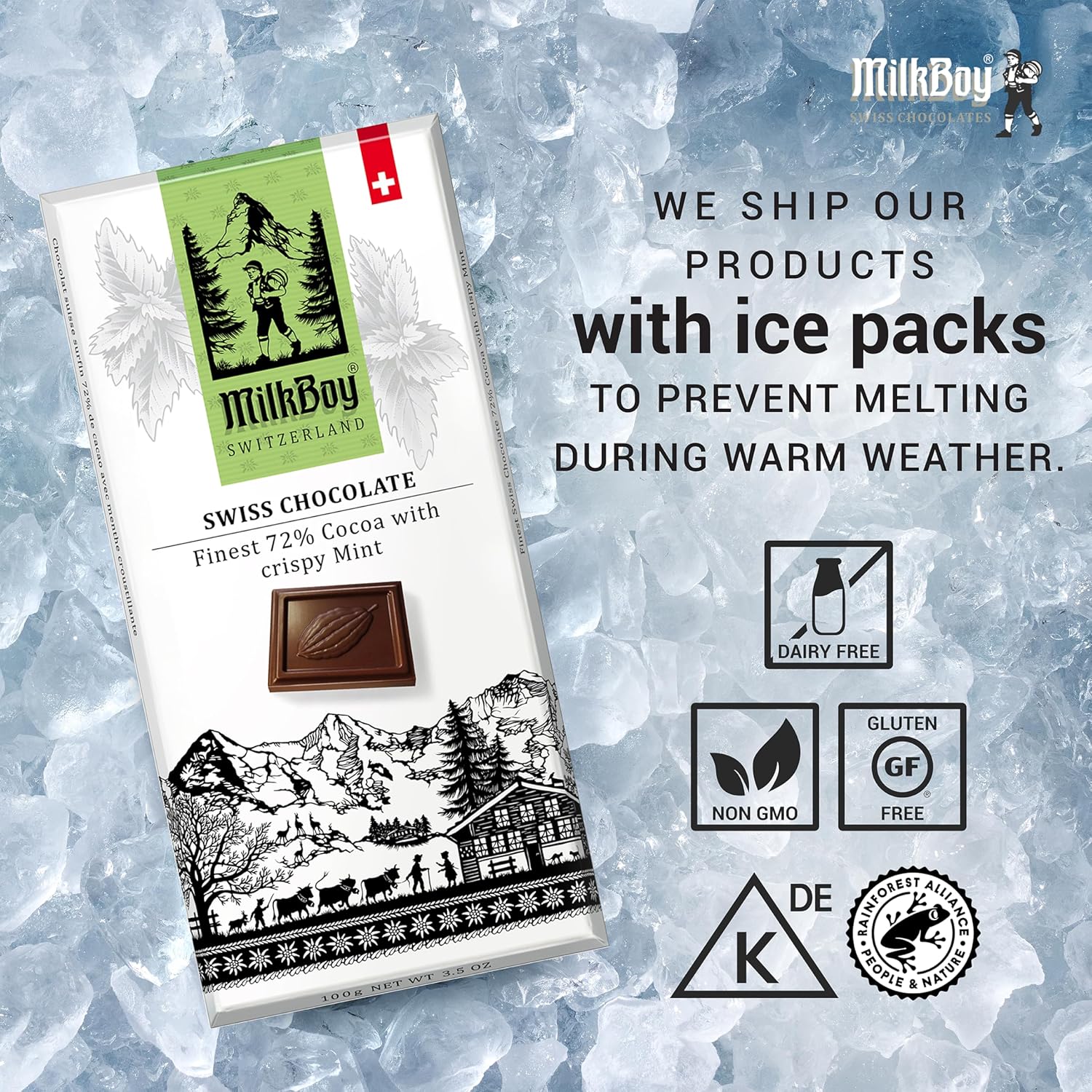 Milkboy Swiss Crispy Mint Dark Chocolates  Barras de chocolate de cacao oscuro 72% naturales  Hecho en Suiza  Sin lácteos  Vegano  Sin gluten  Sin