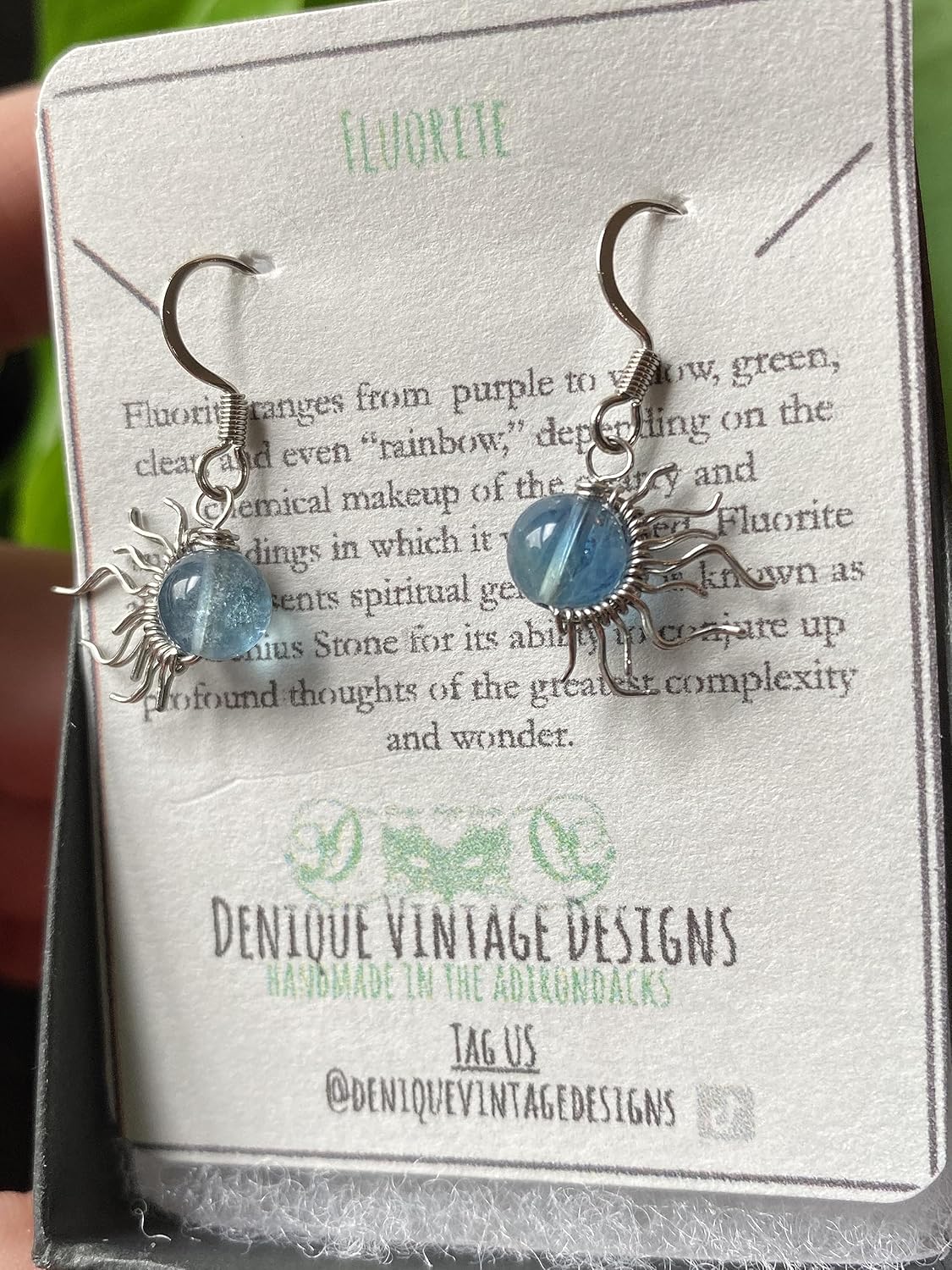 Blue Fluorite 6mm Mini Sun Dangle Earrings in Steel, Copper, Bronze, Black Iron, Titanium, Sterling Silver, 14K Gold, Rose Gold, or Black Niobium