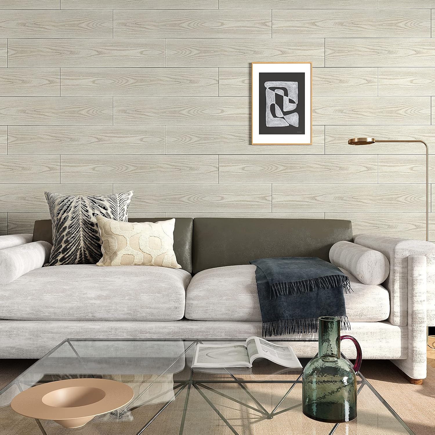 VEELIKE Paquete de 12 pisos de tablones de vinilo de madera gris beige de 6 x 36 pulgadas, azulejos de piso de suelo de madera para despegar y