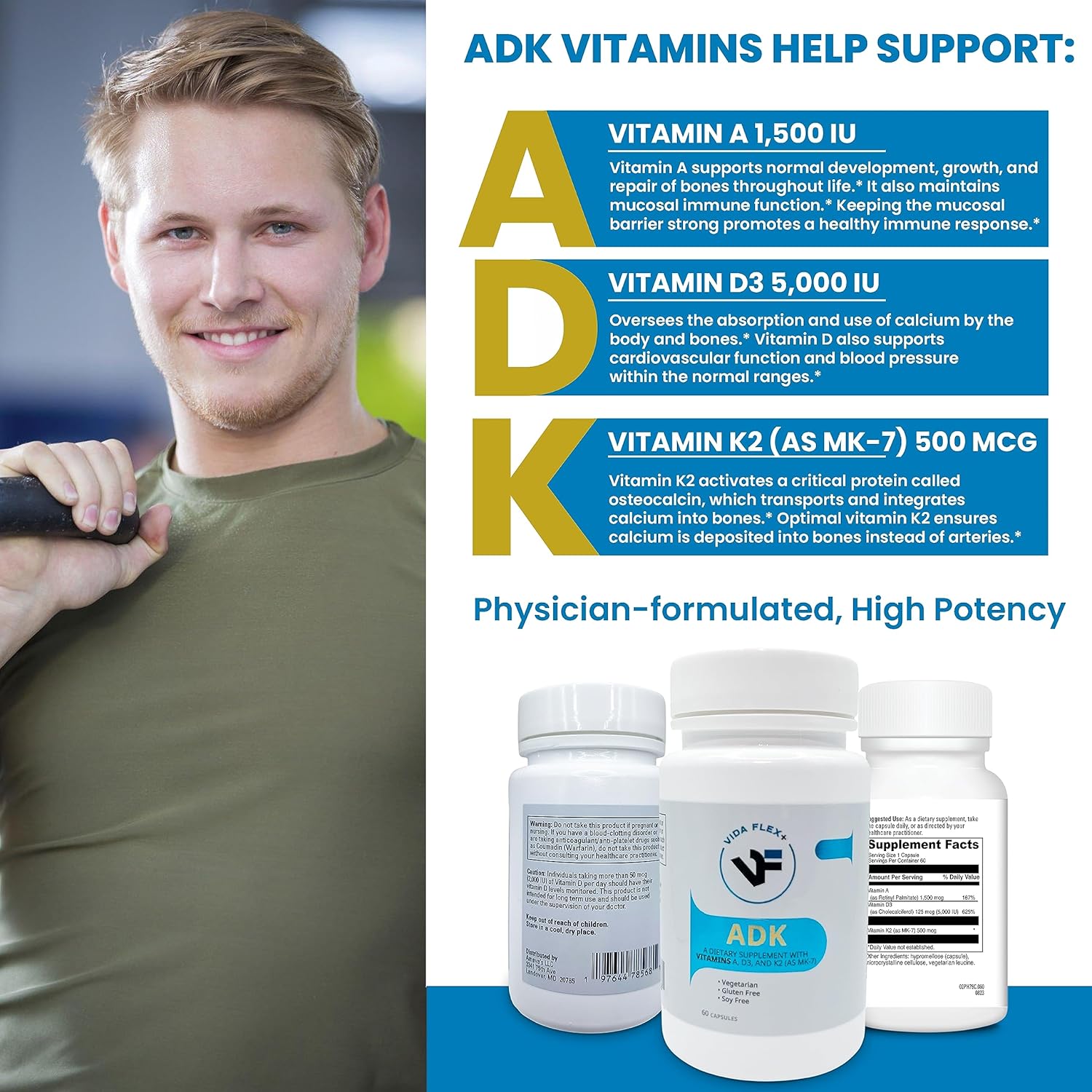 ADK – Suplemento dietético para apoyar la estructura ósea, la salud del corazón y la función inmunológica – con vitamina A, vitamina D3 5,000 UI y