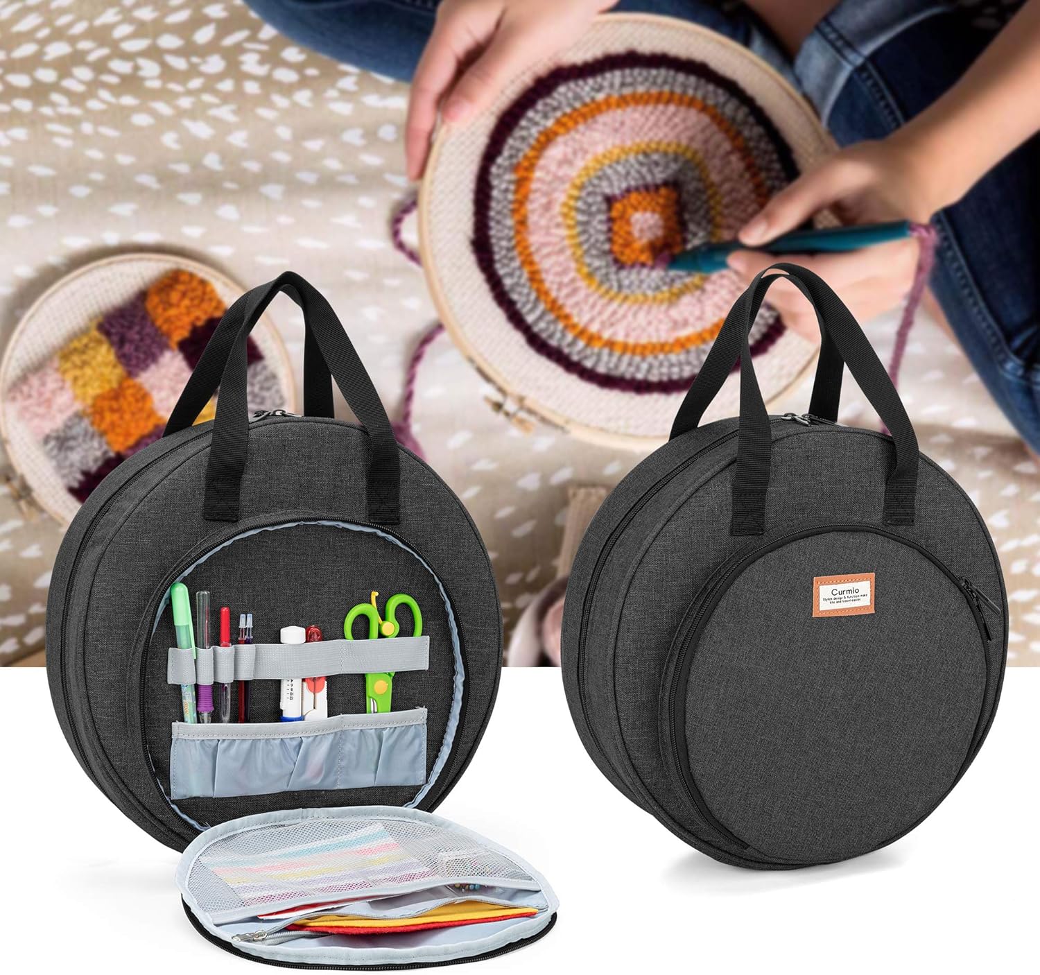 CURMIO Bolsa de bordado, bolsa de transporte portátil para proyectos de bordado y kits de herramientas de punto de cruz, solo bolsa, color negro