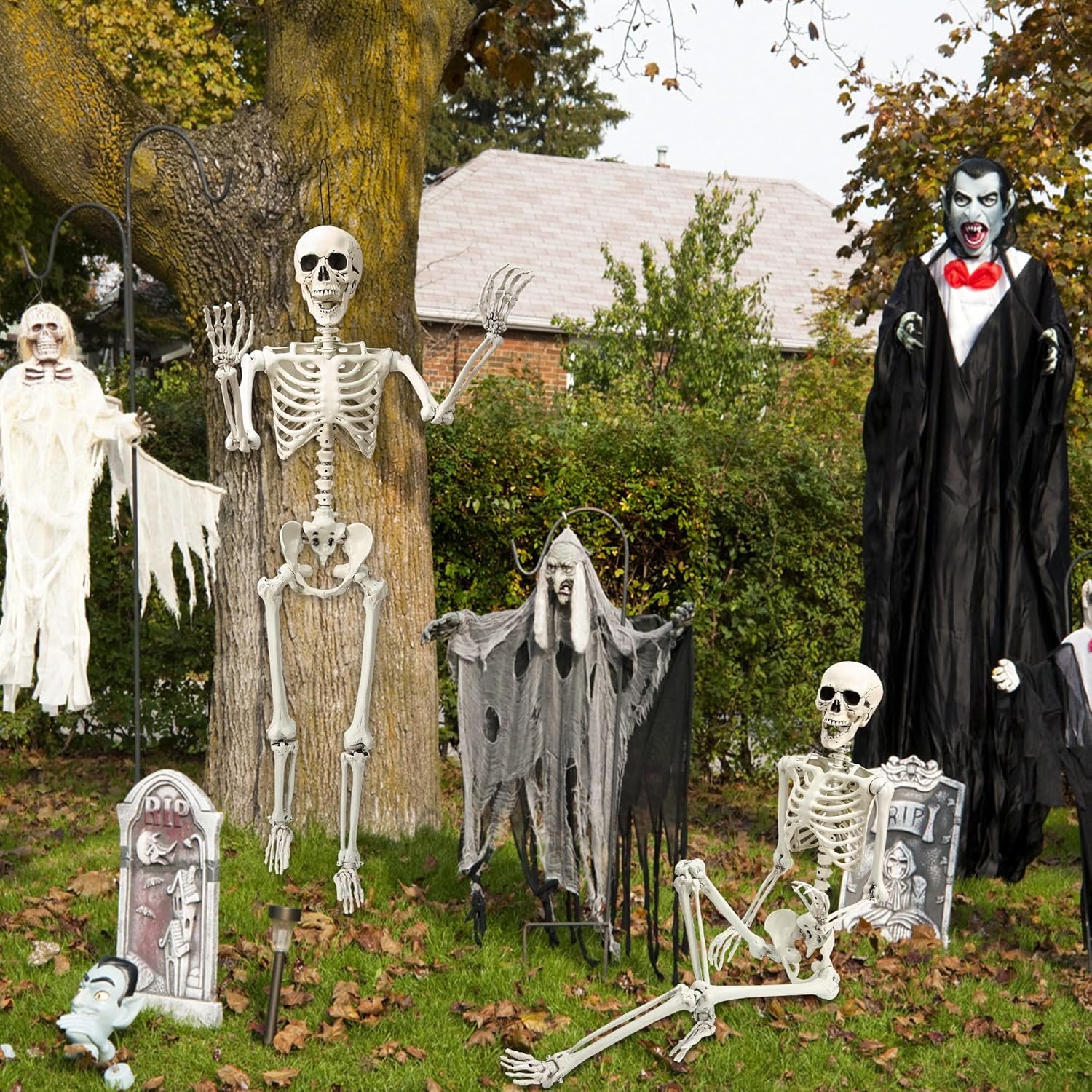 Decoración de esqueleto de Halloween de 5.4 pies, huesos humanos para fiesta de Halloween con articulaciones móviles, para casas encantadas, césped