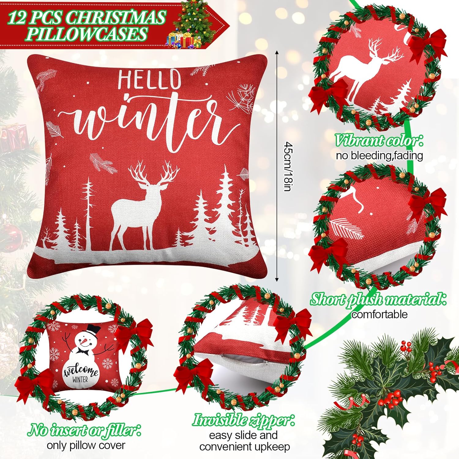 Huwena 12 fundas de almohada de Navidad de 18 x 18 pulgadas, fundas de almohada de Navidad para el hogar, decoración de árbol de Navidad, fundas de