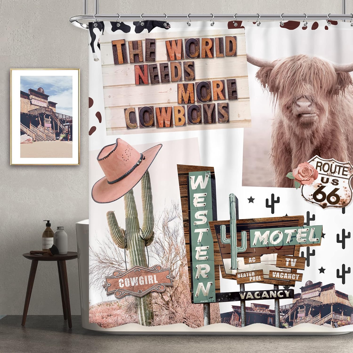 Western Highland – Cortina de ducha de vaca de 72 pulgadas de ancho x 72 pulgadas de alto, rústico, granja, divertido, cuerno largo, ganado, toro,