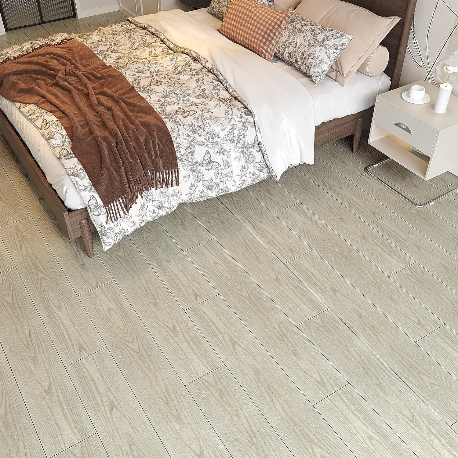 VEELIKE Paquete de 12 pisos de tablones de vinilo de madera gris beige de 6 x 36 pulgadas, azulejos de piso de suelo de madera para despegar y