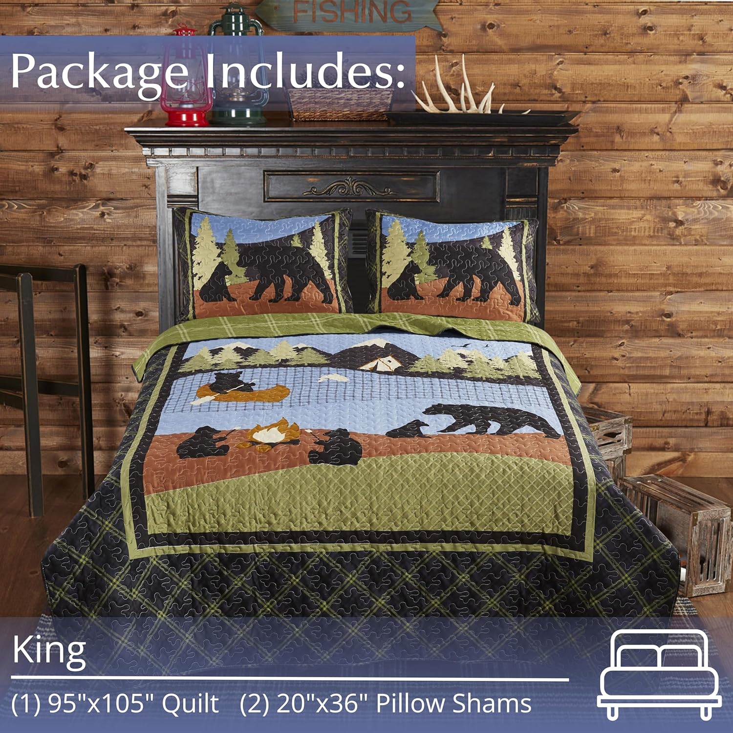 Virah Bella Juego de ropa de cama King Lodge de 3 piezas, Bear Lake, juego de edredón reversible de campamento con fundas de almohada decorativas,